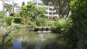 Un jardín con estanque, abundante vegetación y una pequeña cascada.