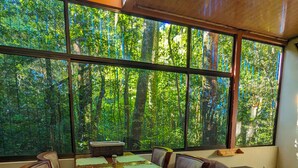 Un coin repas avec une table et des chaises en bois, de grandes fenêtres donnant sur une forêt.