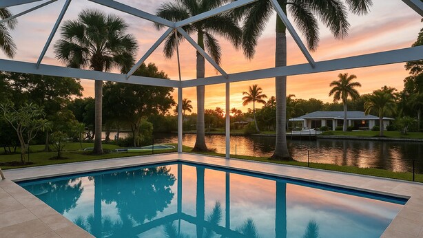 Piscina com vista para o pôr do sol, palmeiras e um corpo d'água.