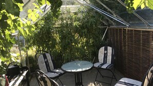 A greenhouse with a table and chairs, surrounded by plants and a wicker wall.
