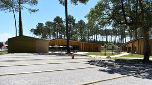 A building with a covered outdoor seating area, surrounded by trees and a gravel parking lot. - Mobile home in the Landes, view of the forest (Saint-Julien-en-Born)