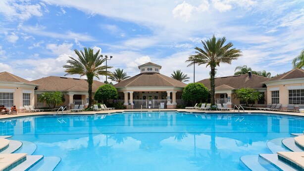 A swimming pool with lounge chairs and palm trees.