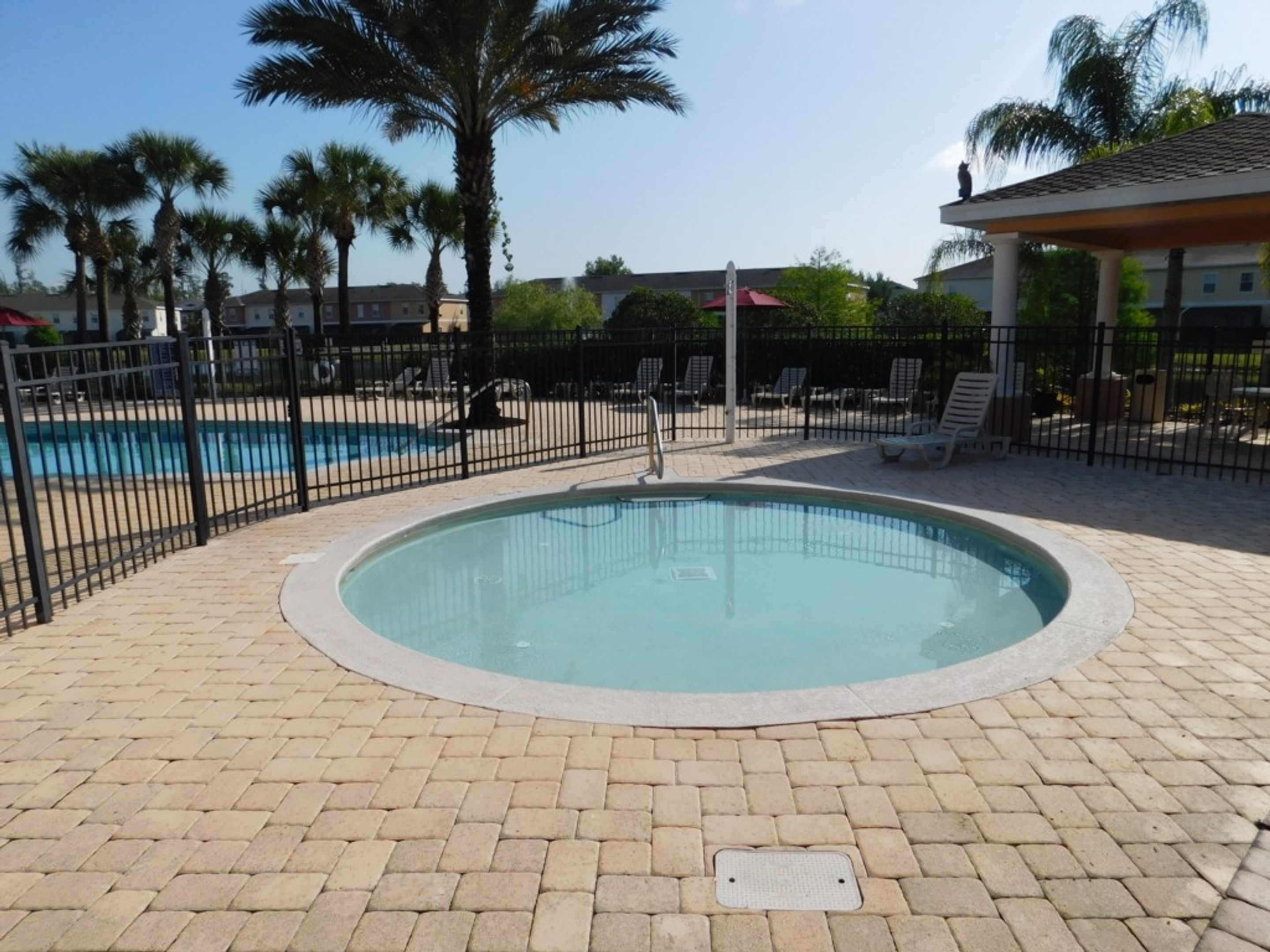 A circular pool with a paved walkway, surrounded by a fence, palm trees, and lounge chairs.
