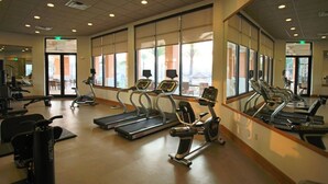 A gym with treadmills, elliptical machines, and weight machines.