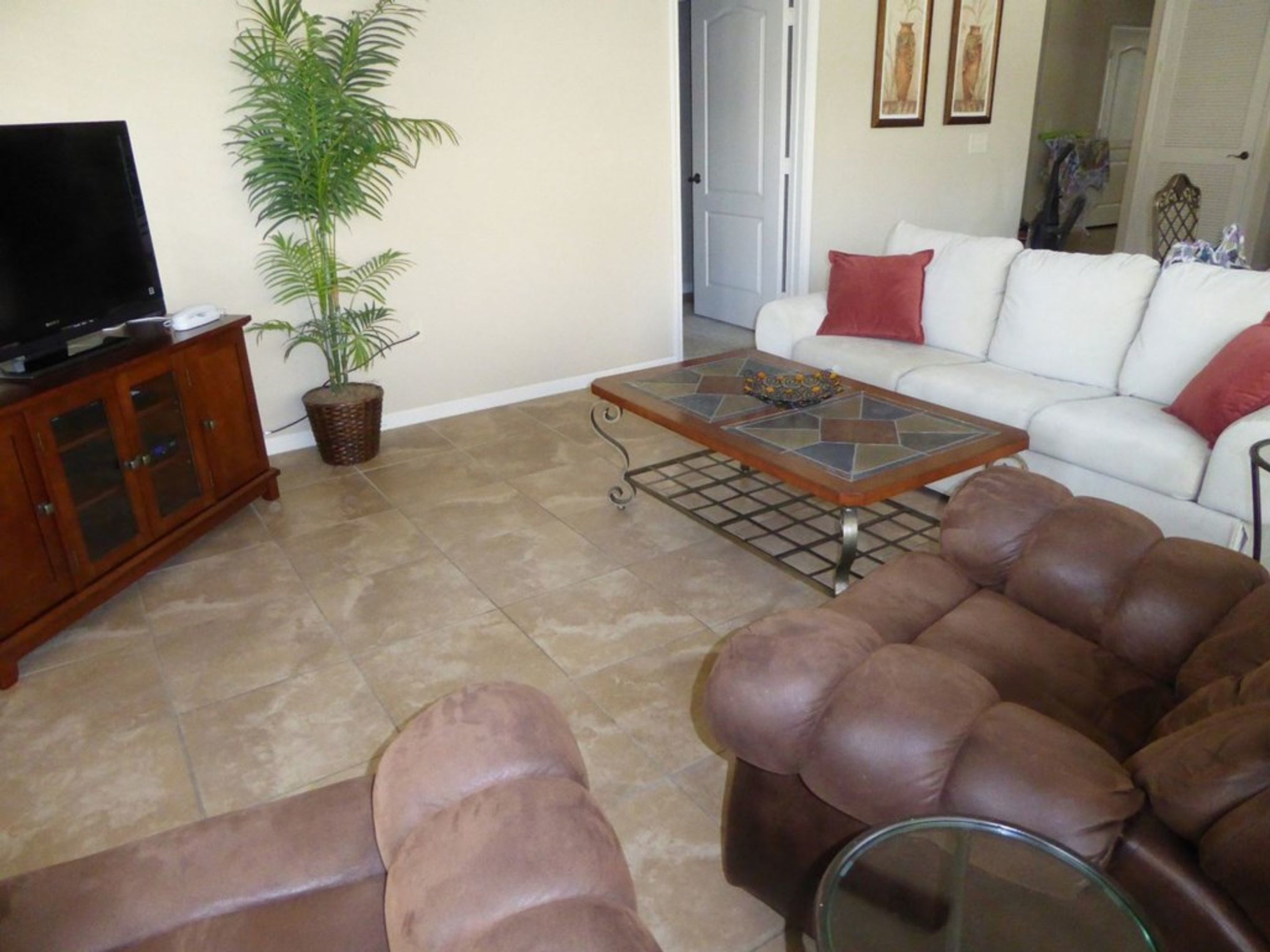A living room with a sofa, a coffee table, a television, and a potted plant.