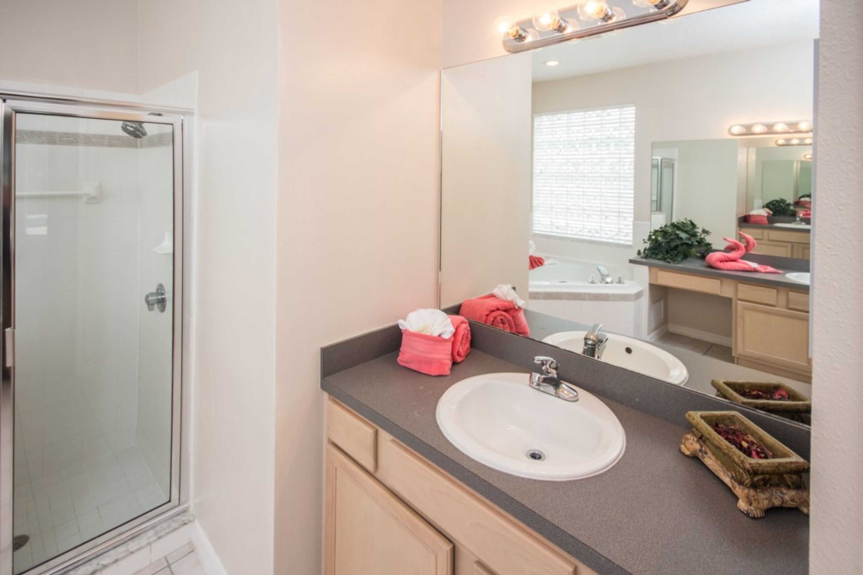 A bathroom with a glass shower enclosure, a sink with a mirror, and a vanity with a countertop.
