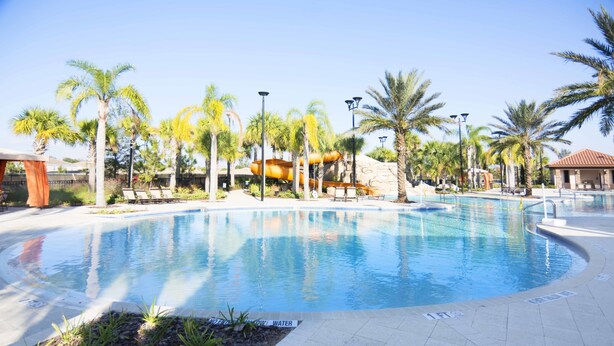 A swimming pool with palm trees and lounge chairs. - Solterra 4405 (Davenport)