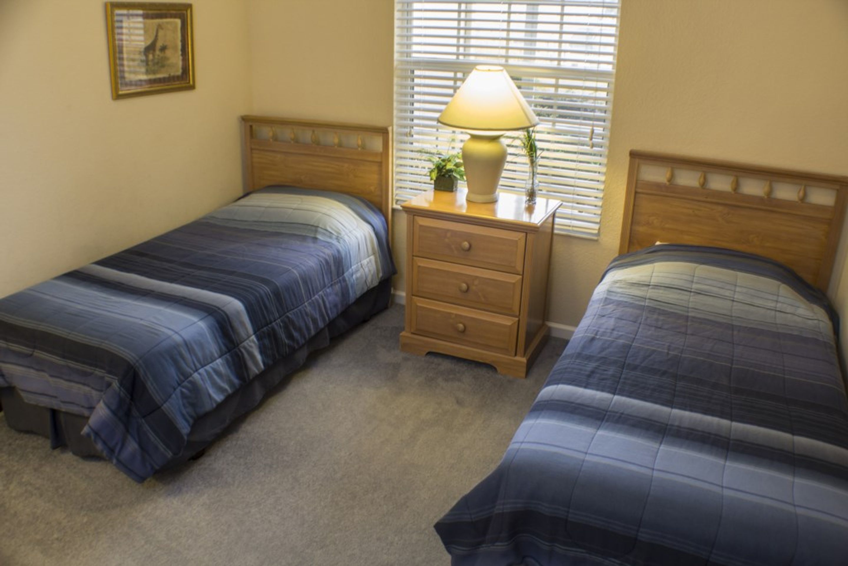 A bedroom with two single beds, a nightstand with a lamp, a small drawer, and a window with blinds.