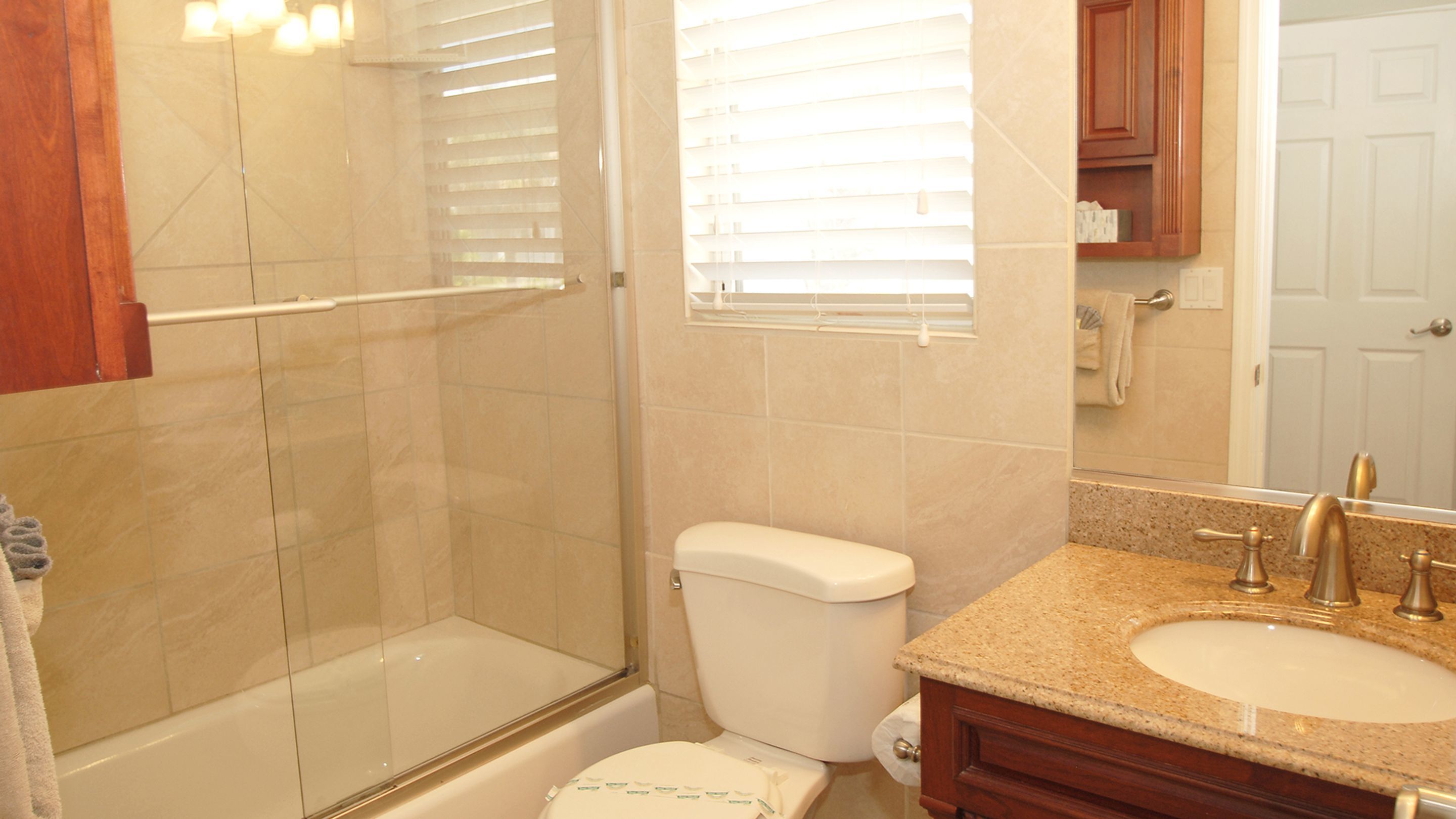 A bathroom with a glass shower enclosure, a toilet, a sink with a granite countertop, and a mirror.