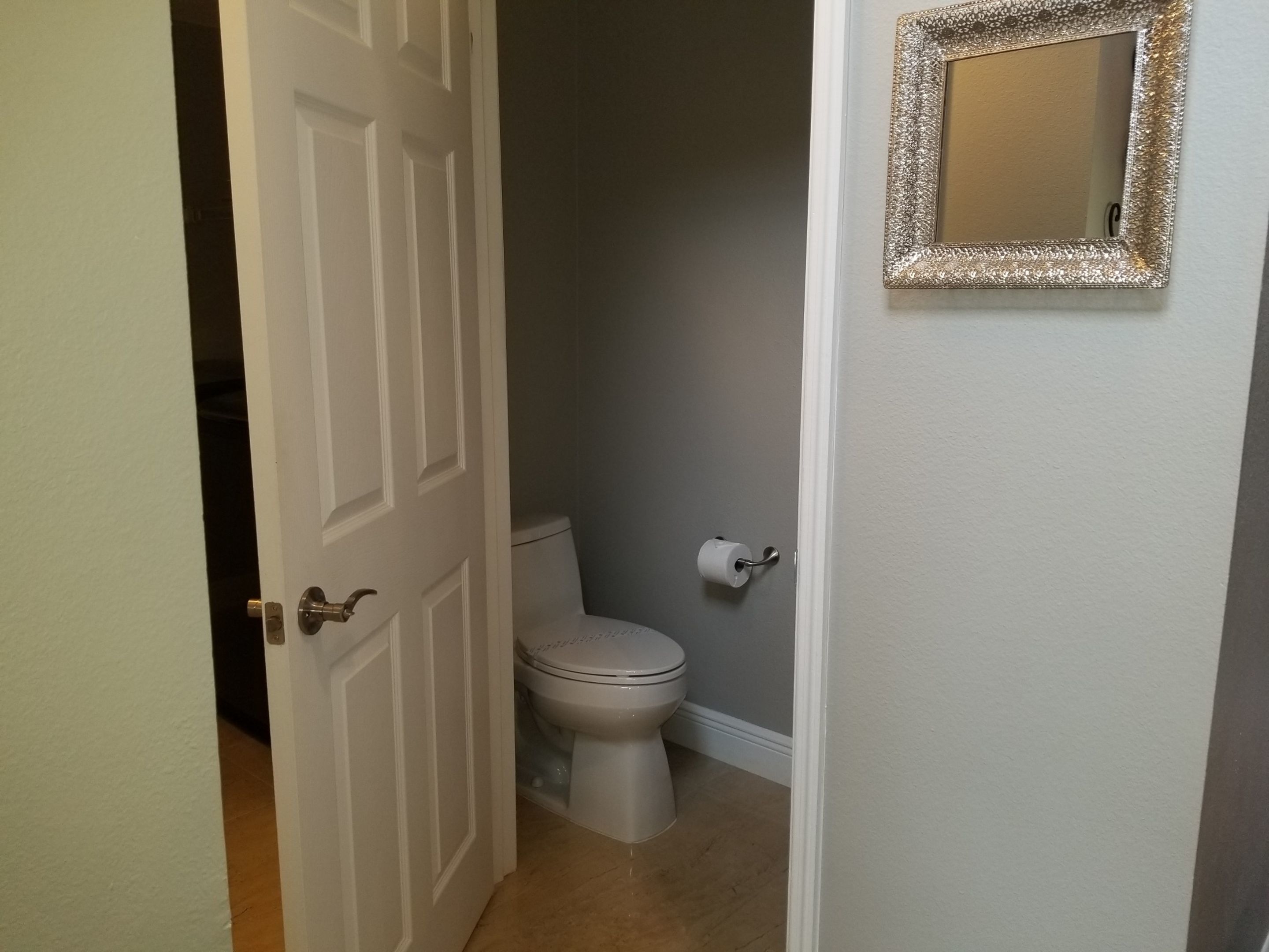 A bathroom with a toilet, a roll of toilet paper, and a mirror on the wall.