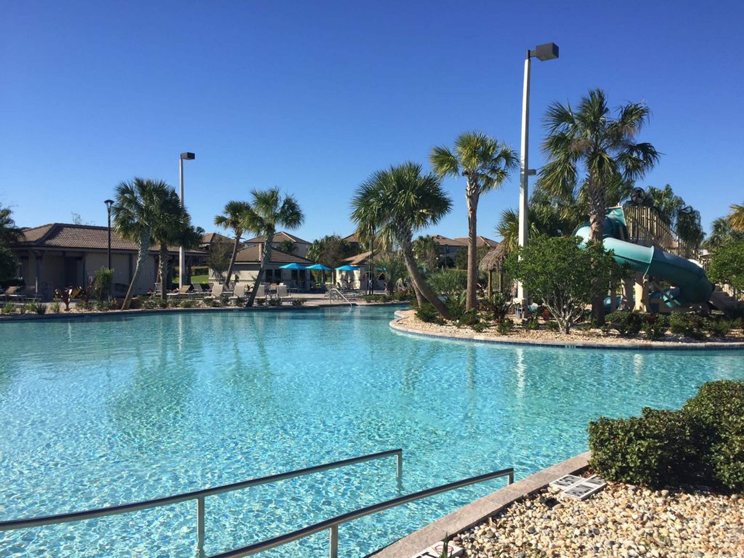 A clear blue pool with a palm tree and a water slide in the background.