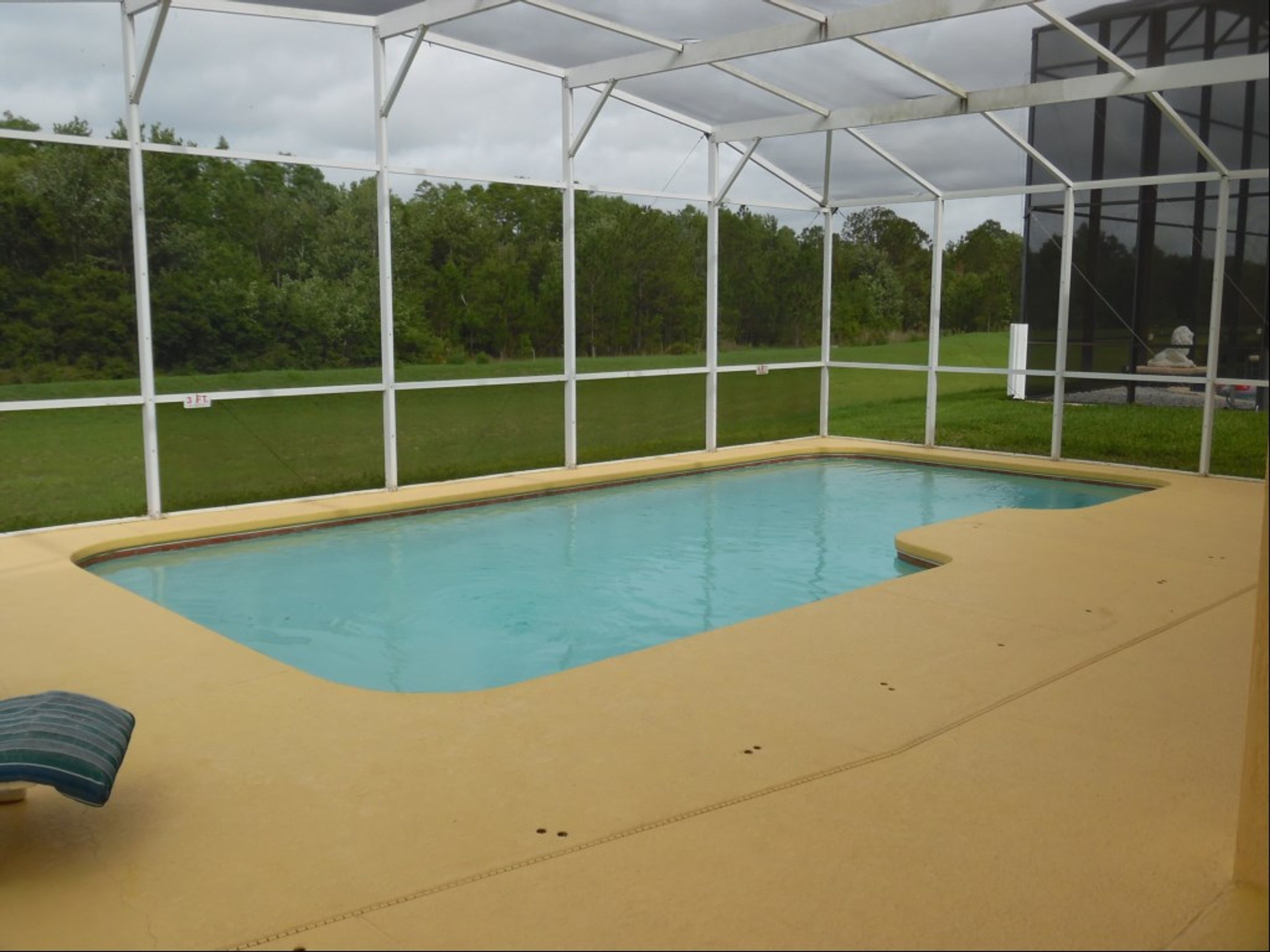 Una piscina techada con vistas despejadas del follaje circundante.