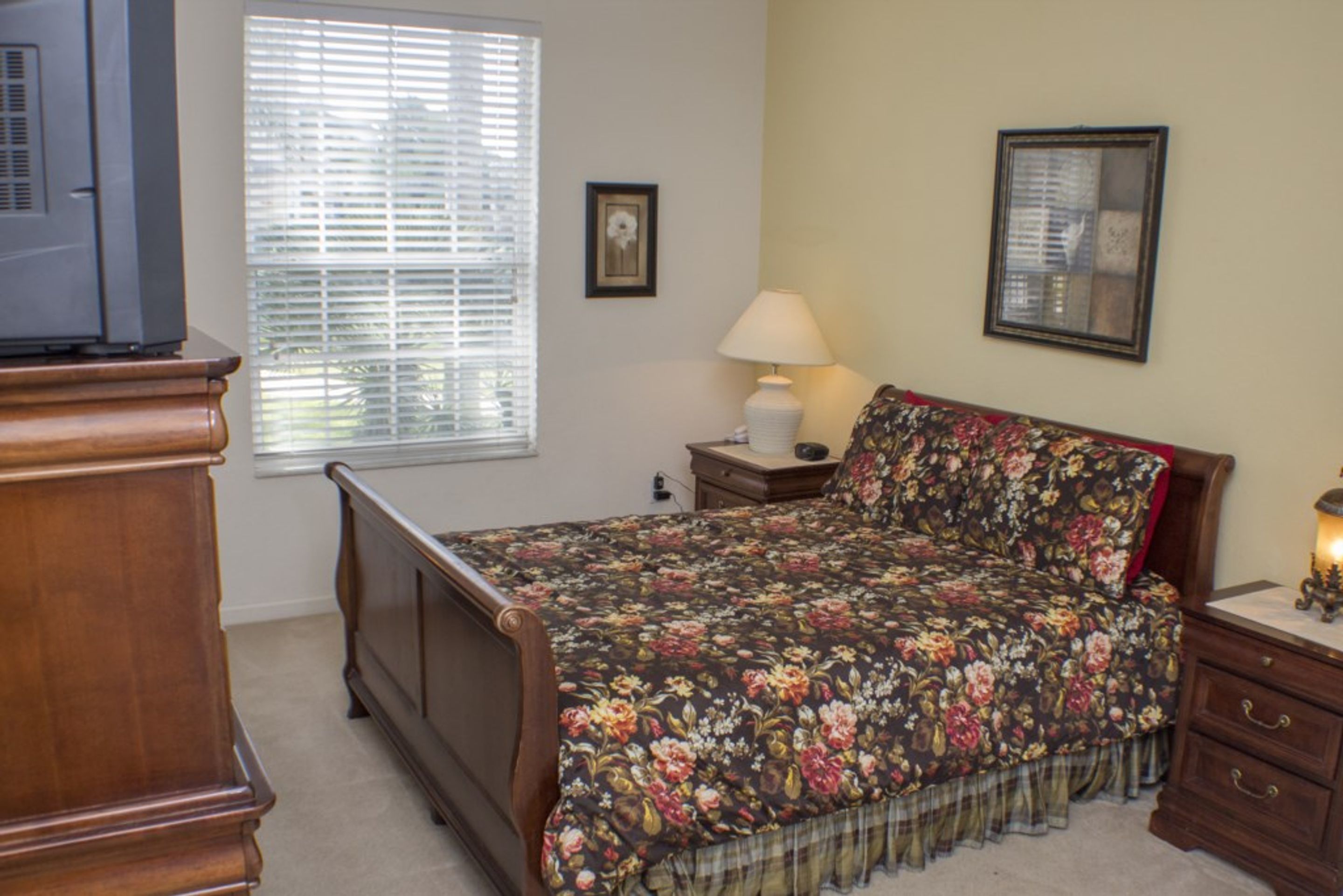 A bedroom with a wooden bed, a nightstand with a lamp, a dresser, and a television on a stand.
