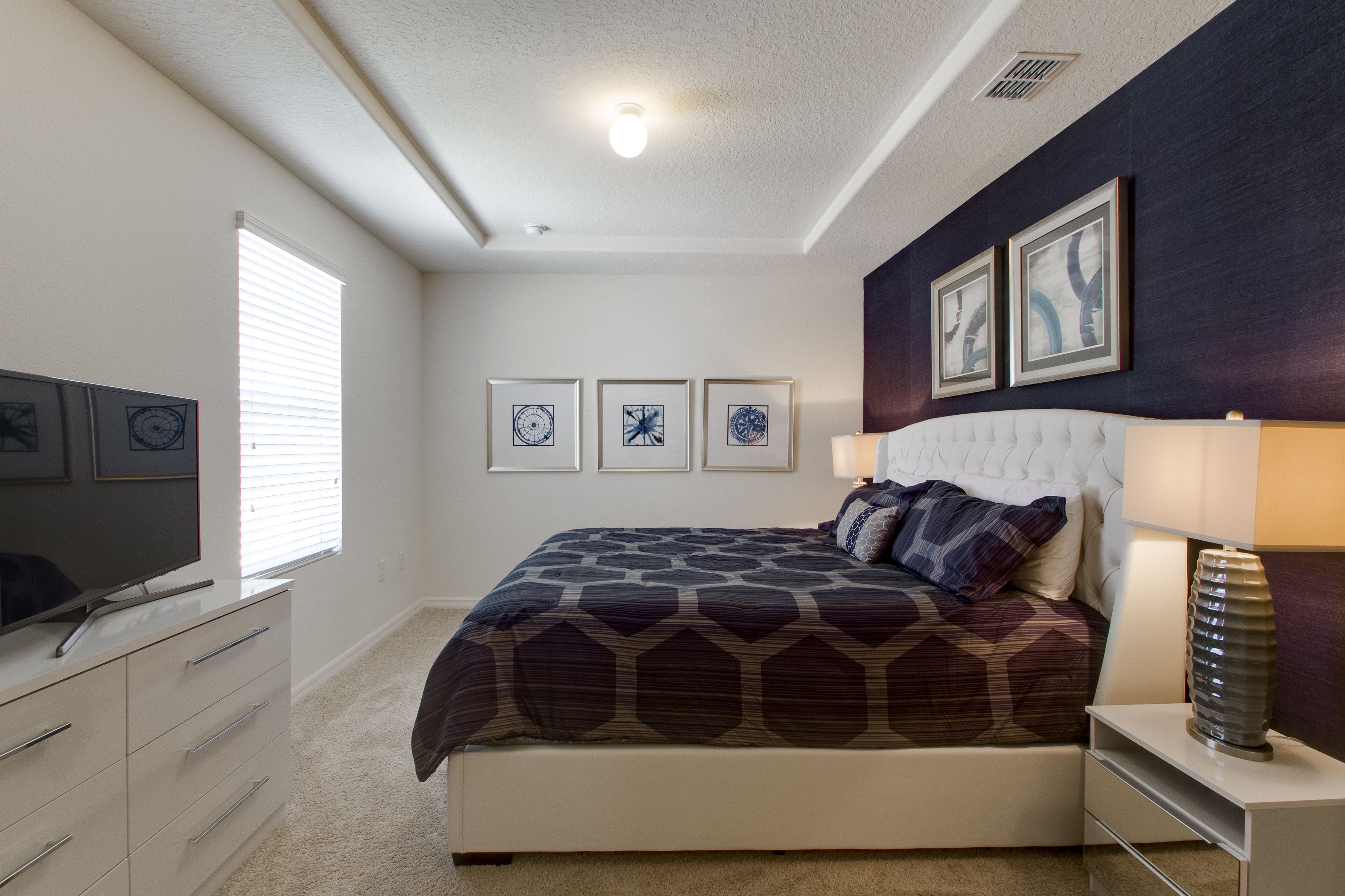 A bedroom with a bed, a TV, a dresser, and framed artwork on the wall.