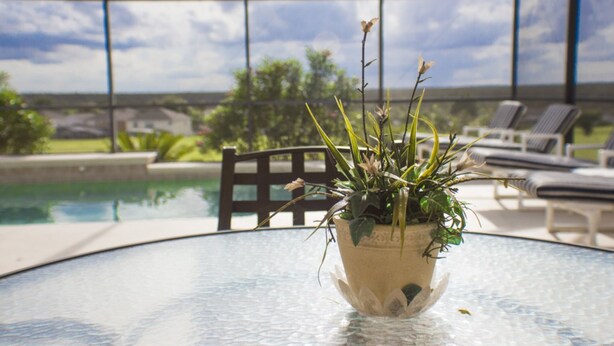 A glass table with a potted plant in the center, surrounded by lounge chairs and a pool in the background. - Highlands Reserve Golf & Country Club 533 (Davenport)