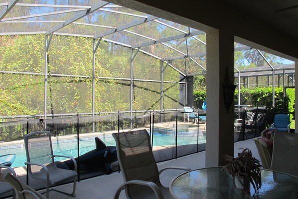 A covered outdoor area with a pool, chairs, and a table.