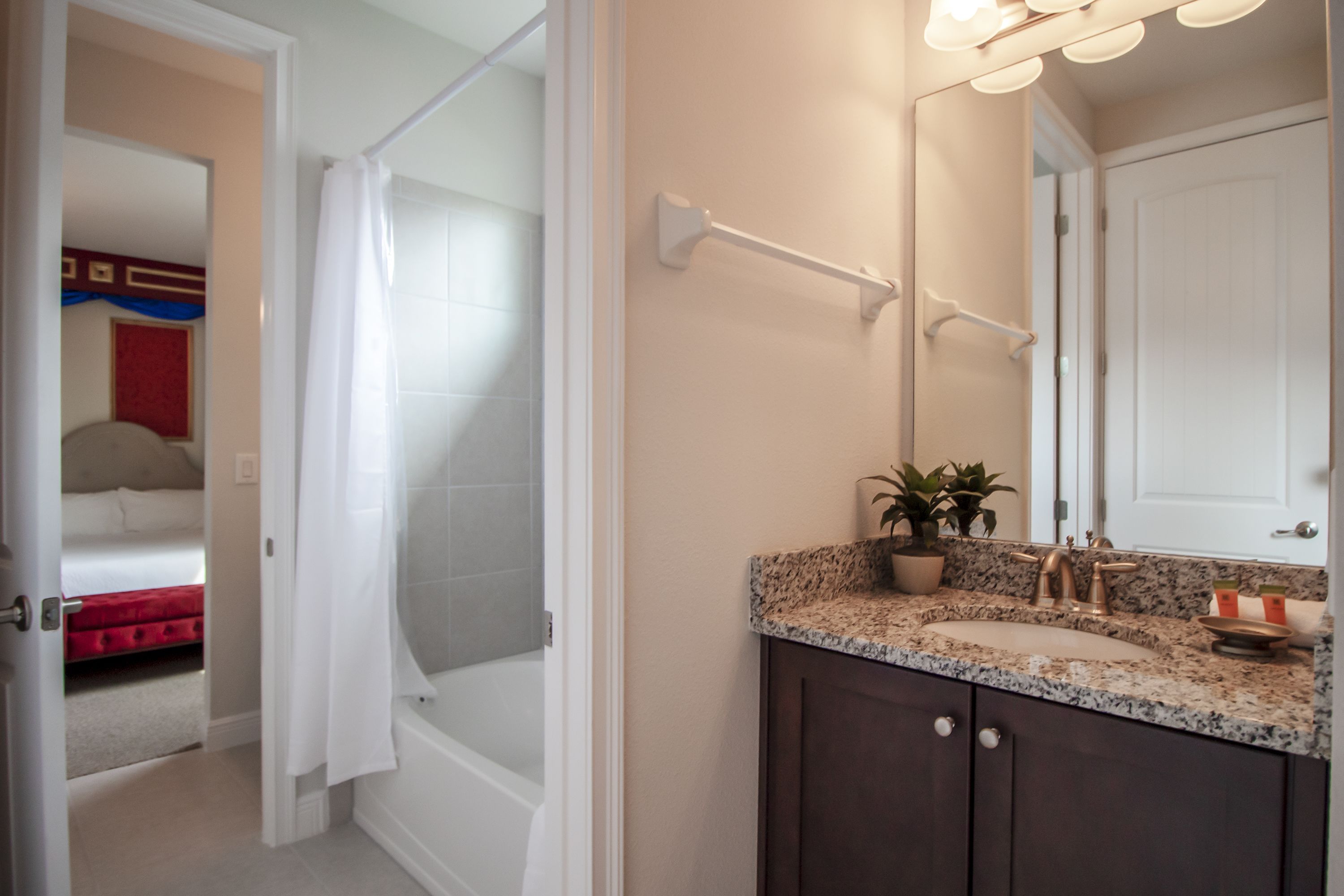 A bathroom with a shower, a sink, and a mirror.