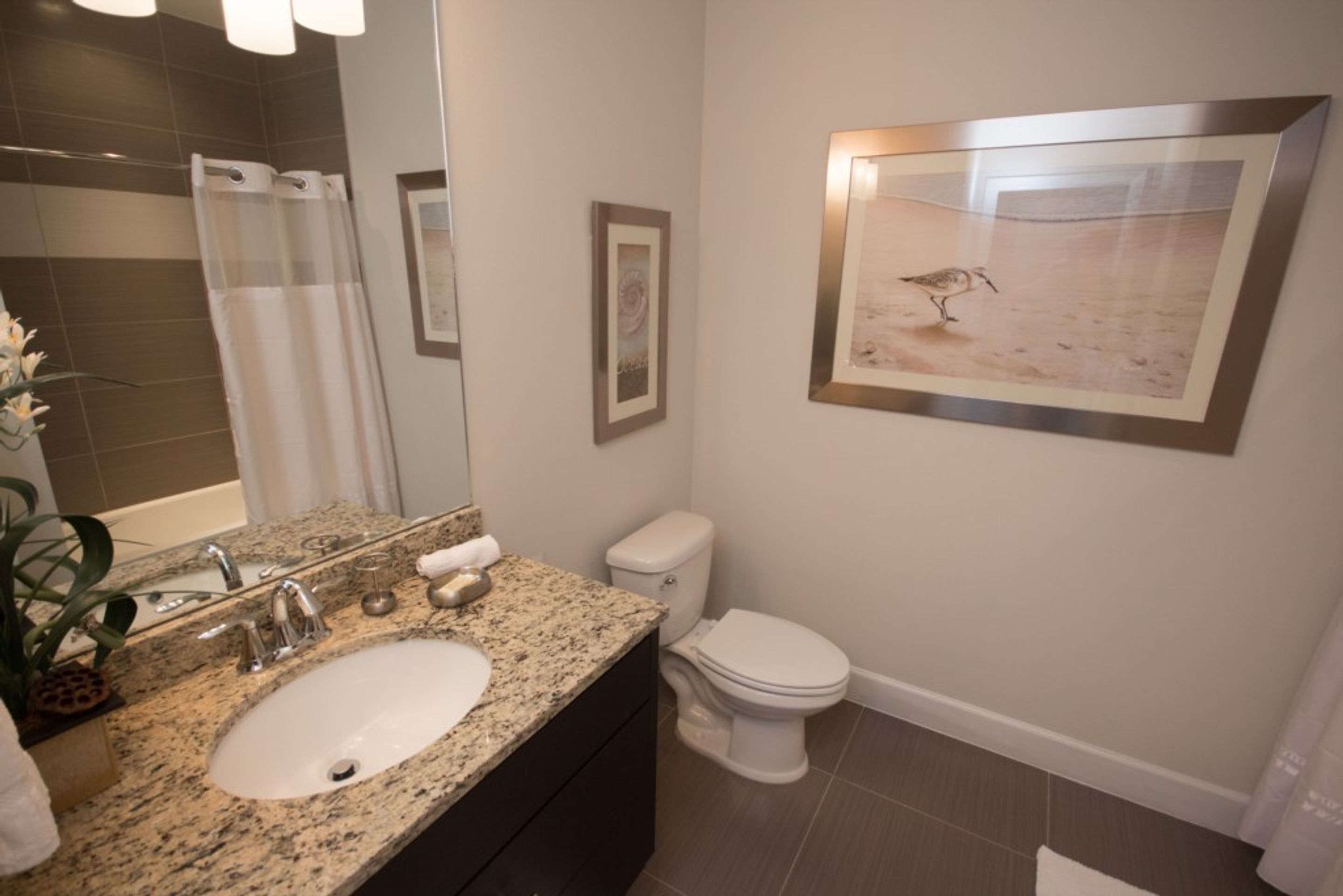 A bathroom with a granite sink, a toilet, a shower curtain, and a framed picture on the wall.