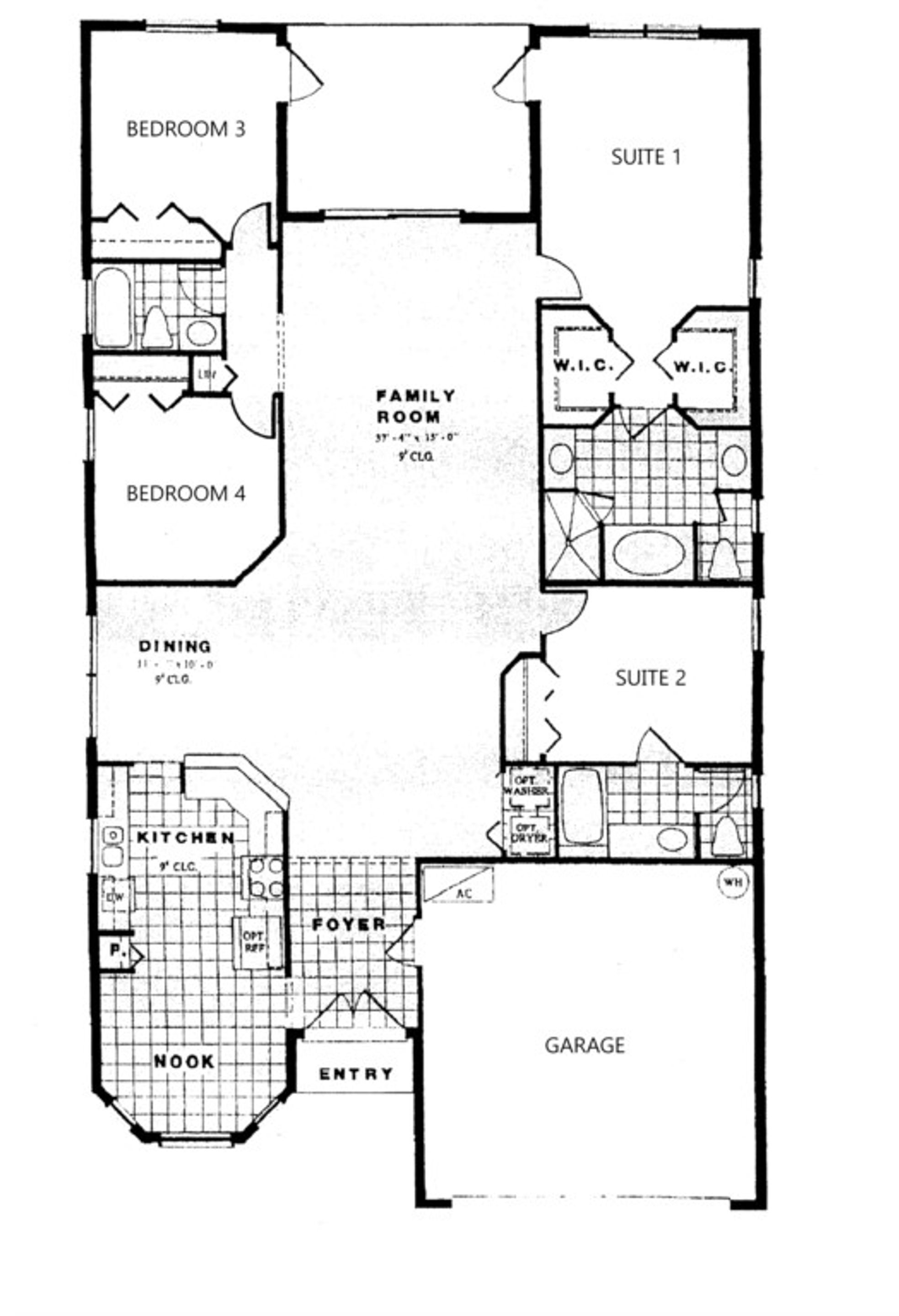 A floor plan of a house with two suites, a family room, dining area, kitchen, foyer, entry, and garage.