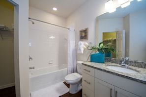 Une salle de bain moderne dotée d’une douche à l’italienne, de toilettes, d’un lavabo avec un plan de travail en granit et d’un miroir.