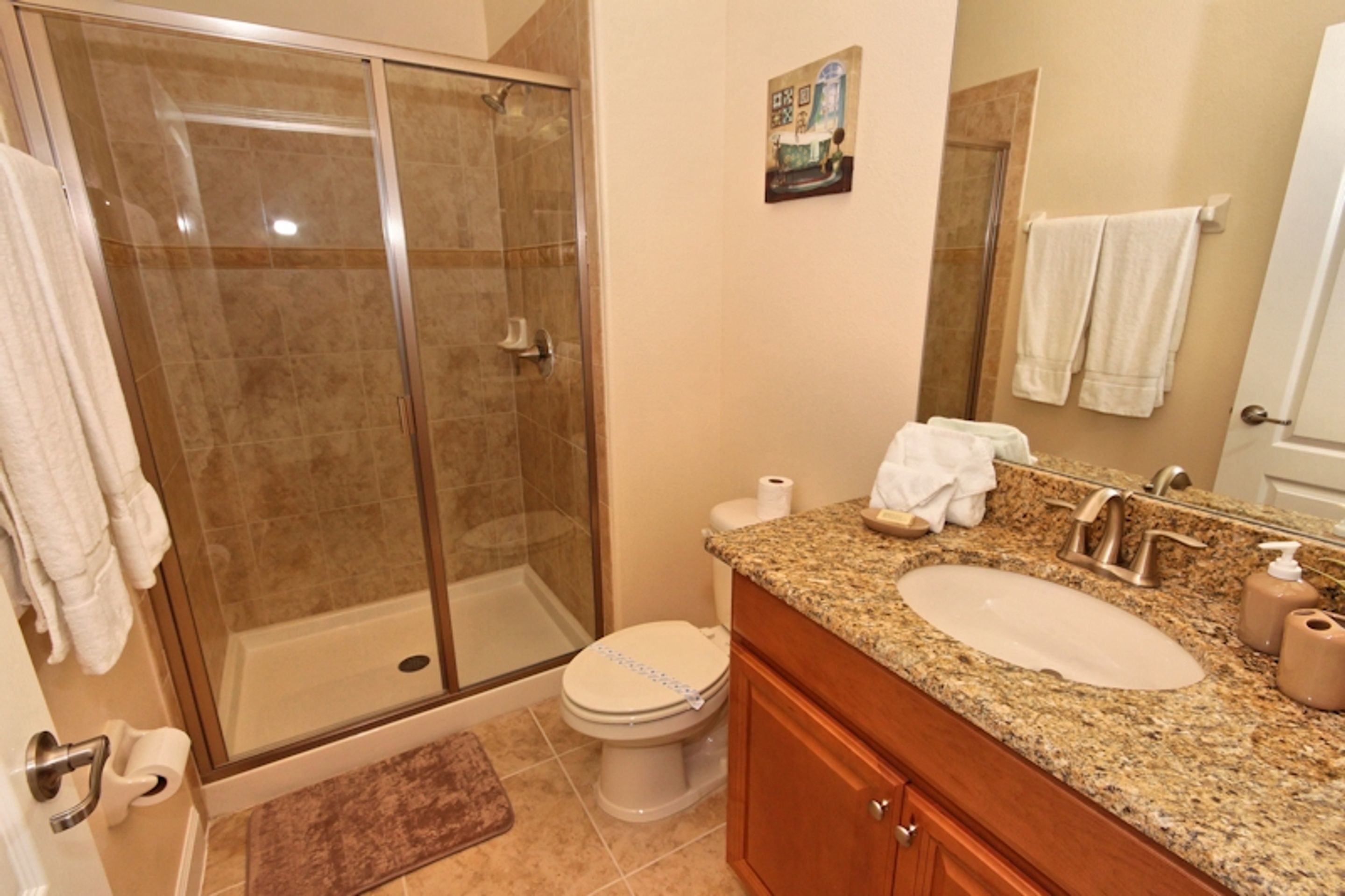 Une salle de bain avec une douche à parois de verre, un lavabo avec un plan de travail en granit et des toilettes.