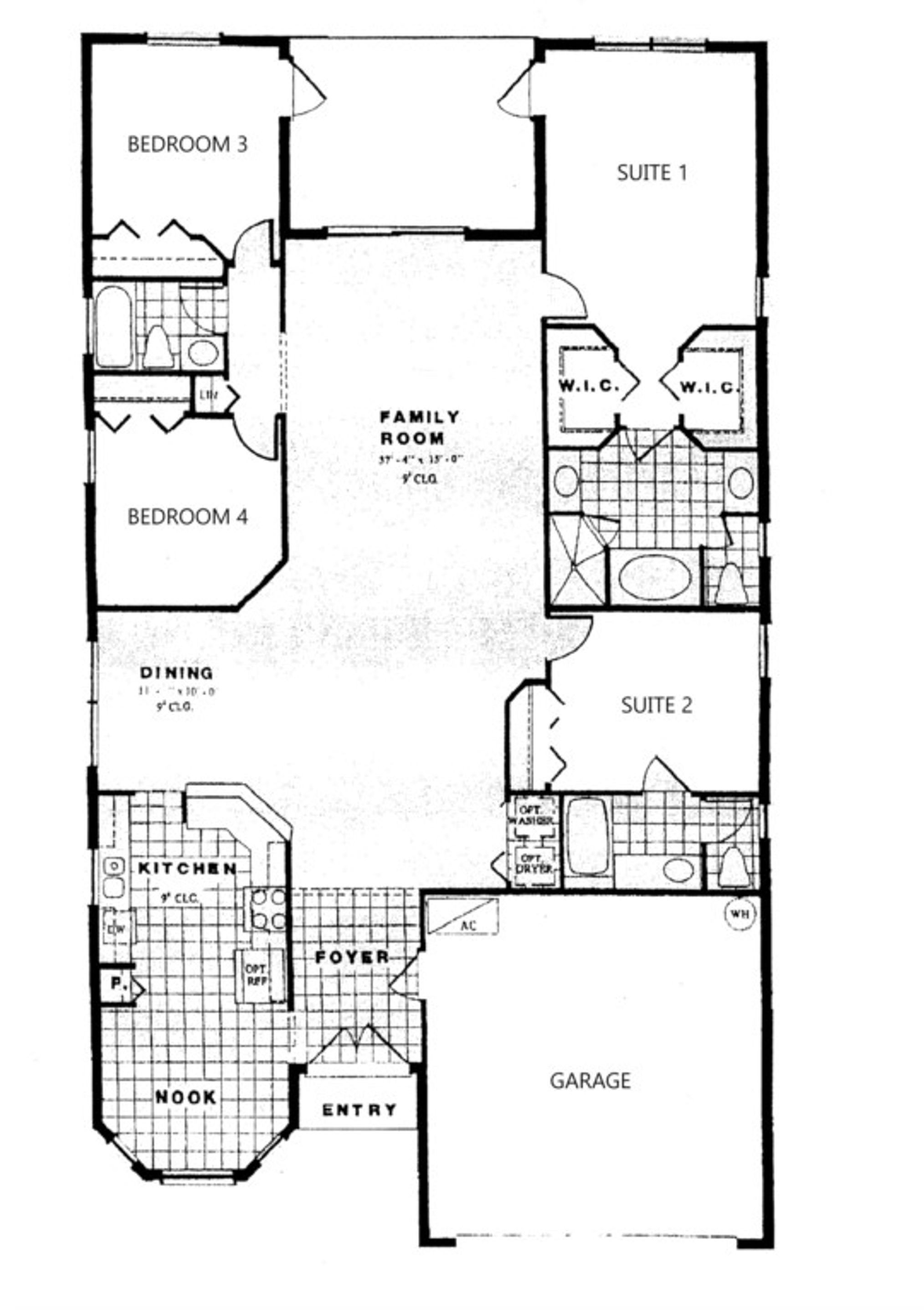 A floor plan of a hotel with four bedrooms, a family room, a dining area, a kitchen, a foyer, an entry, and a garage.