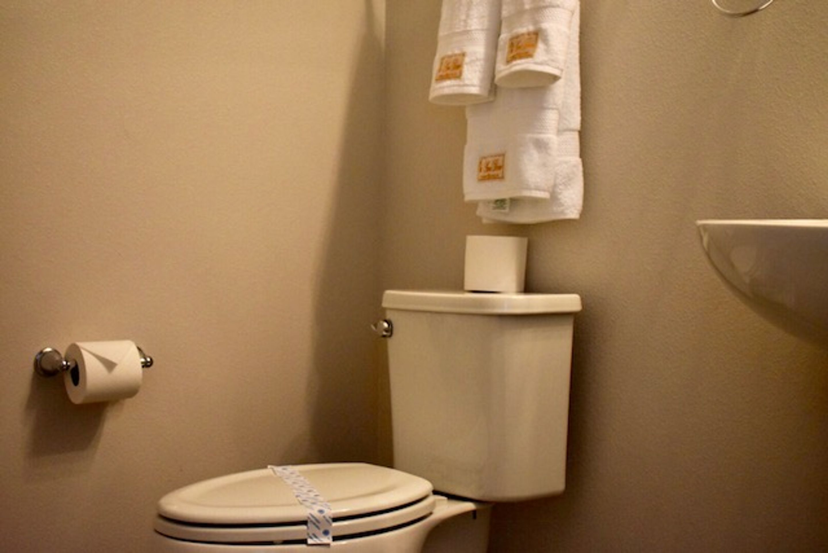 A bathroom with a toilet, a roll of toilet paper, and a towel dispenser.