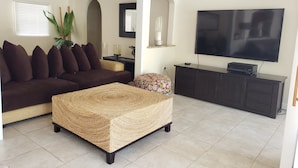Un salon avec un canapé marron foncé, un pouf en osier, un téléviseur à écran plat et un meuble en bois foncé.