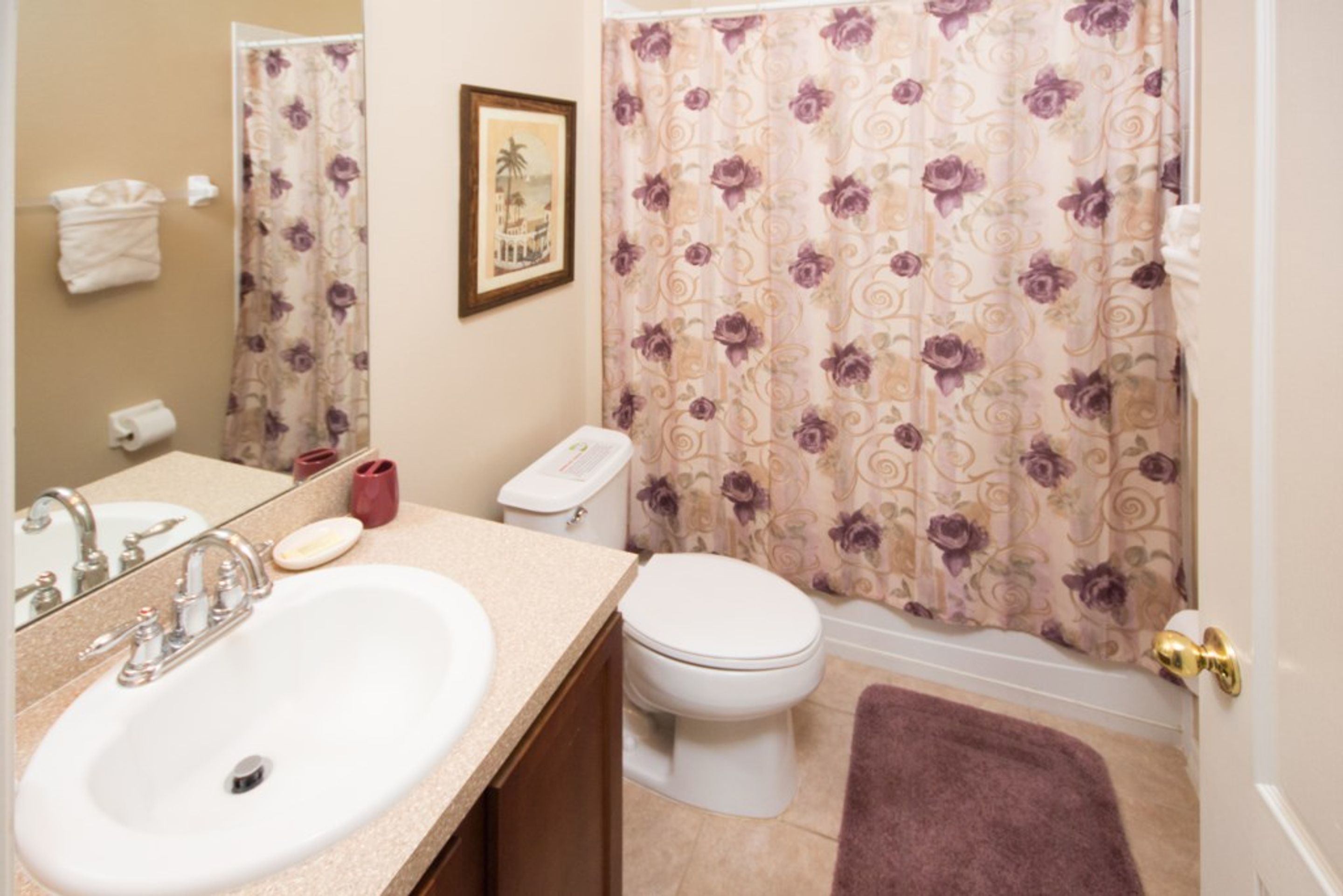 A bathroom with a sink, toilet, and shower curtain.