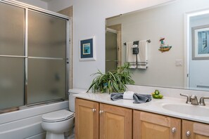 A bathroom with a toilet, a shower, a sink with a mirror, and a potted plant. - Legacy Park 212 (Davenport)