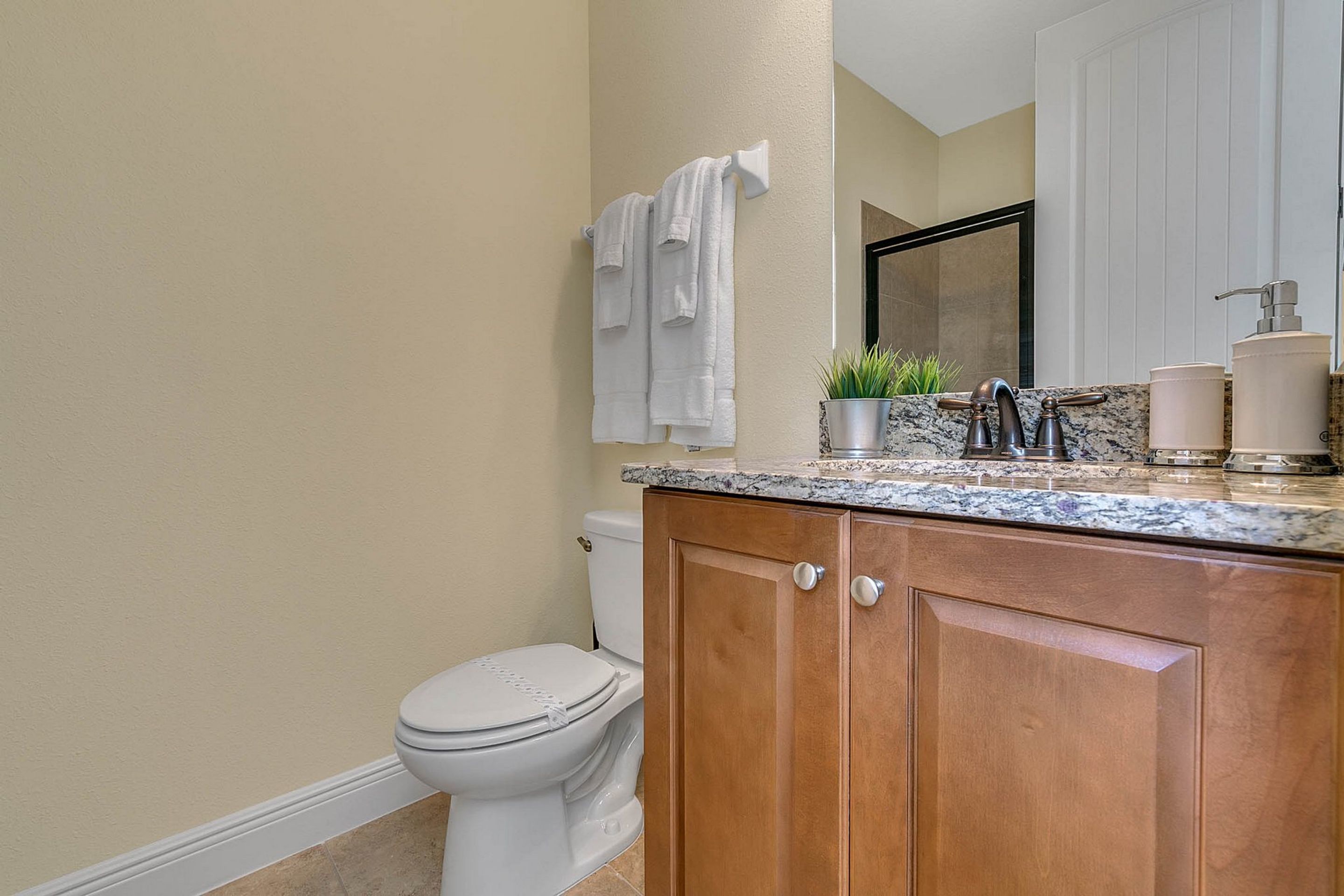 A bathroom with a toilet, wooden cabinets, a marble countertop, a sink, a mirror, and a plant.