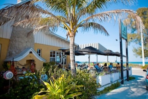 A coastal building with outdoor seating, a palm tree, and a view of the sea.