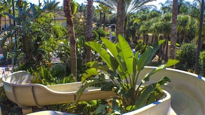 Un toboggan aquatique avec un jardinier au centre, entouré de palmiers et d’autres plantes.