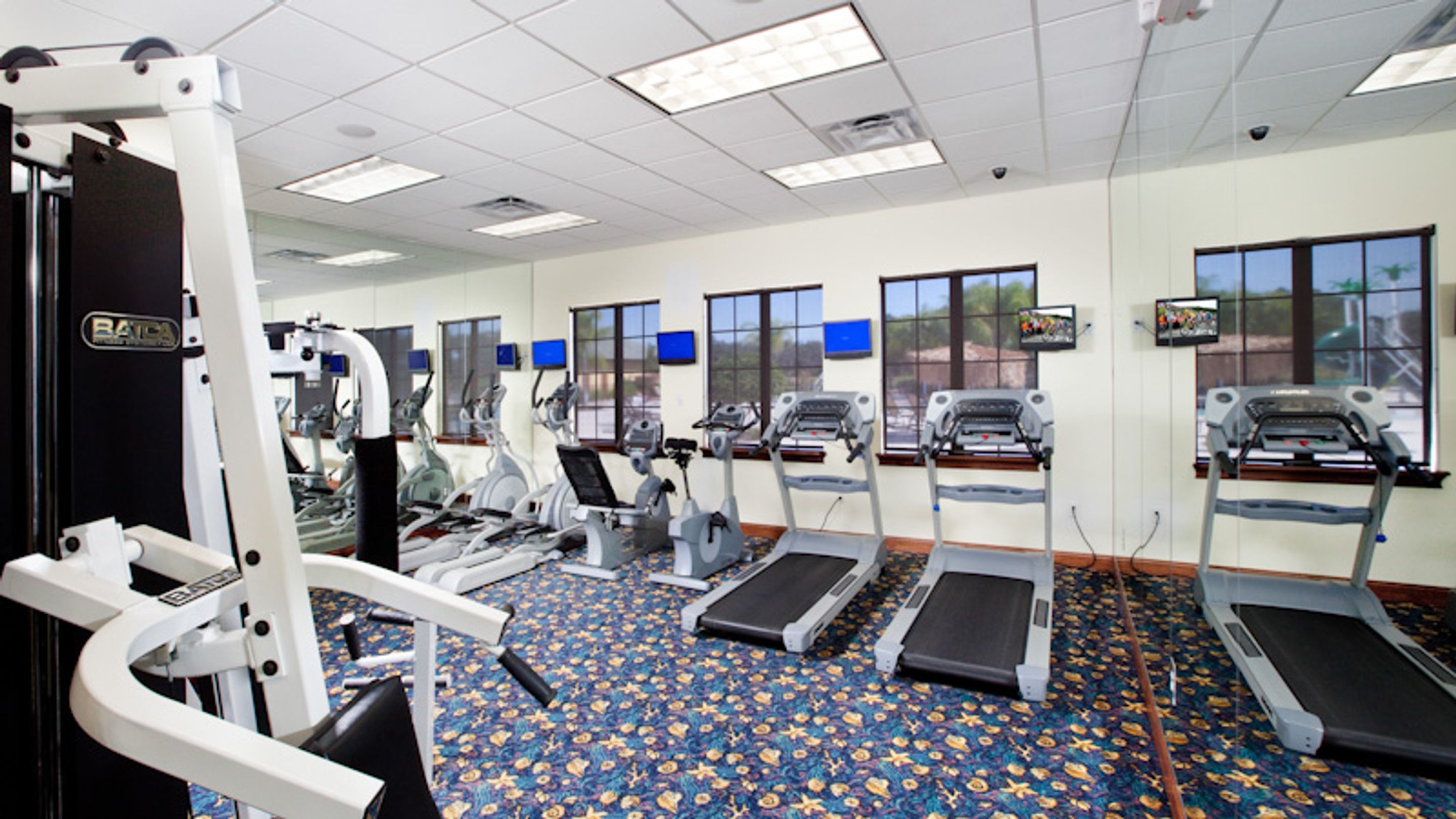 Une salle de sport équipée de tapis de course, de vélos elliptiques et de matériel de musculation.