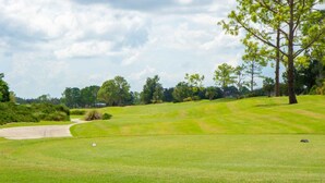 A golf course with a well-maintained green, a curved path, and trees in the background.