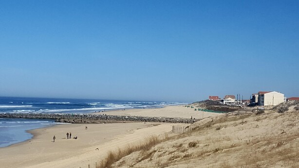 A beach with a rocky shoreline, a few people, and buildings in the background.