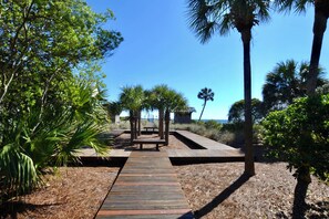 A wooden pathway leading to a beachside structure with a bench and a table, surrounded by palm trees and dry grass.