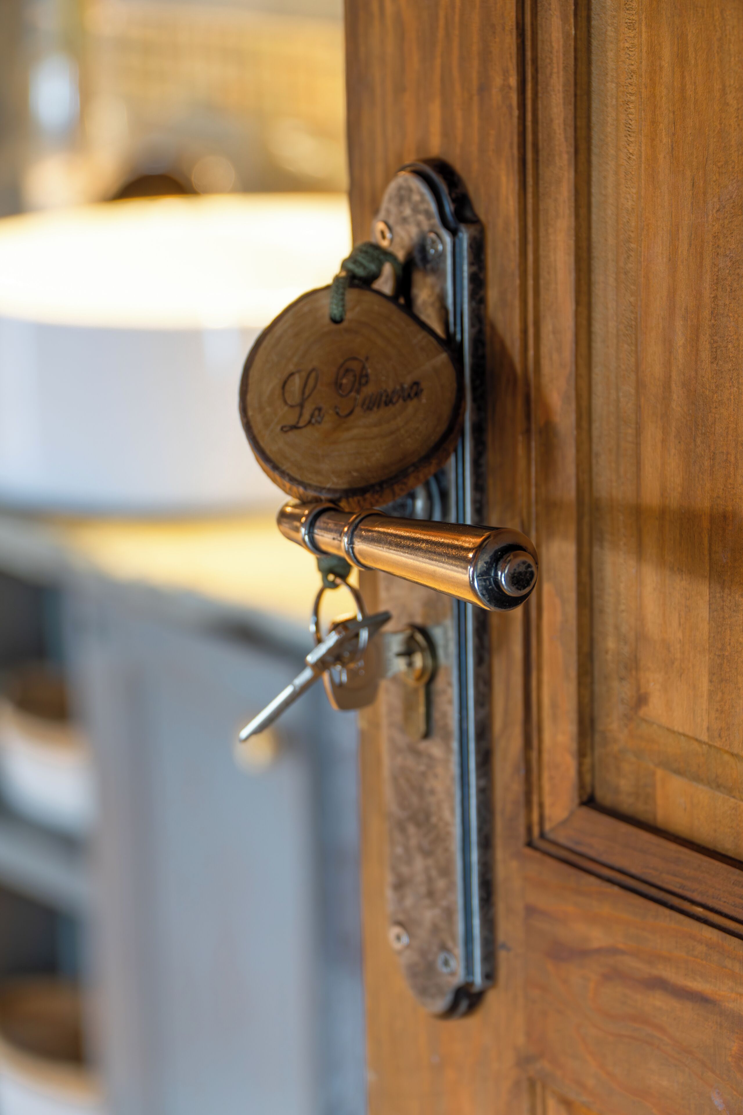 A wooden door with a brass door handle and a keyring with keys.