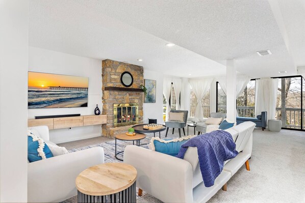 TV, fireplace, video games, offices