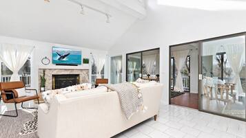 Televisio, takka, videopelejä, työhuone