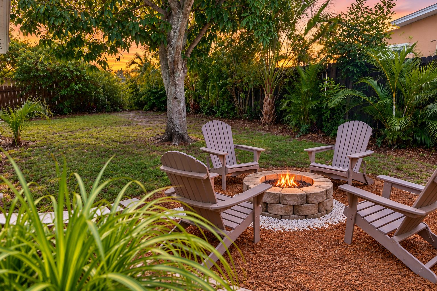 Gather around the fire pit in your private, fenced tropical backyard.