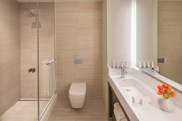 Un baño moderno con ducha de vidrio, inodoro y tocador con espejo.
