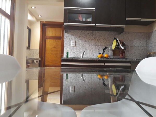 Fridge, microwave, electric kettle, toaster