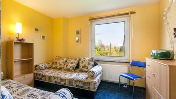 Une pièce comprenant un canapé-lit, un fauteuil, un radiateur, une fenêtre donnant sur un paysage agréable et une étagère avec une lampe.