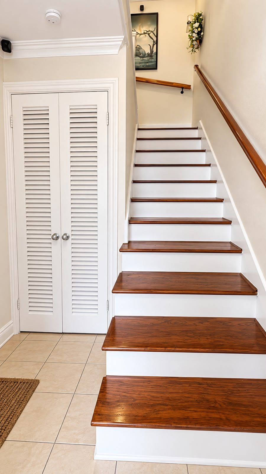 A staircase with wooden steps and white walls, leading to a door with louvered panels.