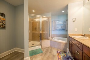Combined shower/tub, hair dryer, towels, soap