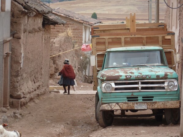 A rustic scene with a vintage truck parked on a dirt road, a person walking away, and traditional buildings.
