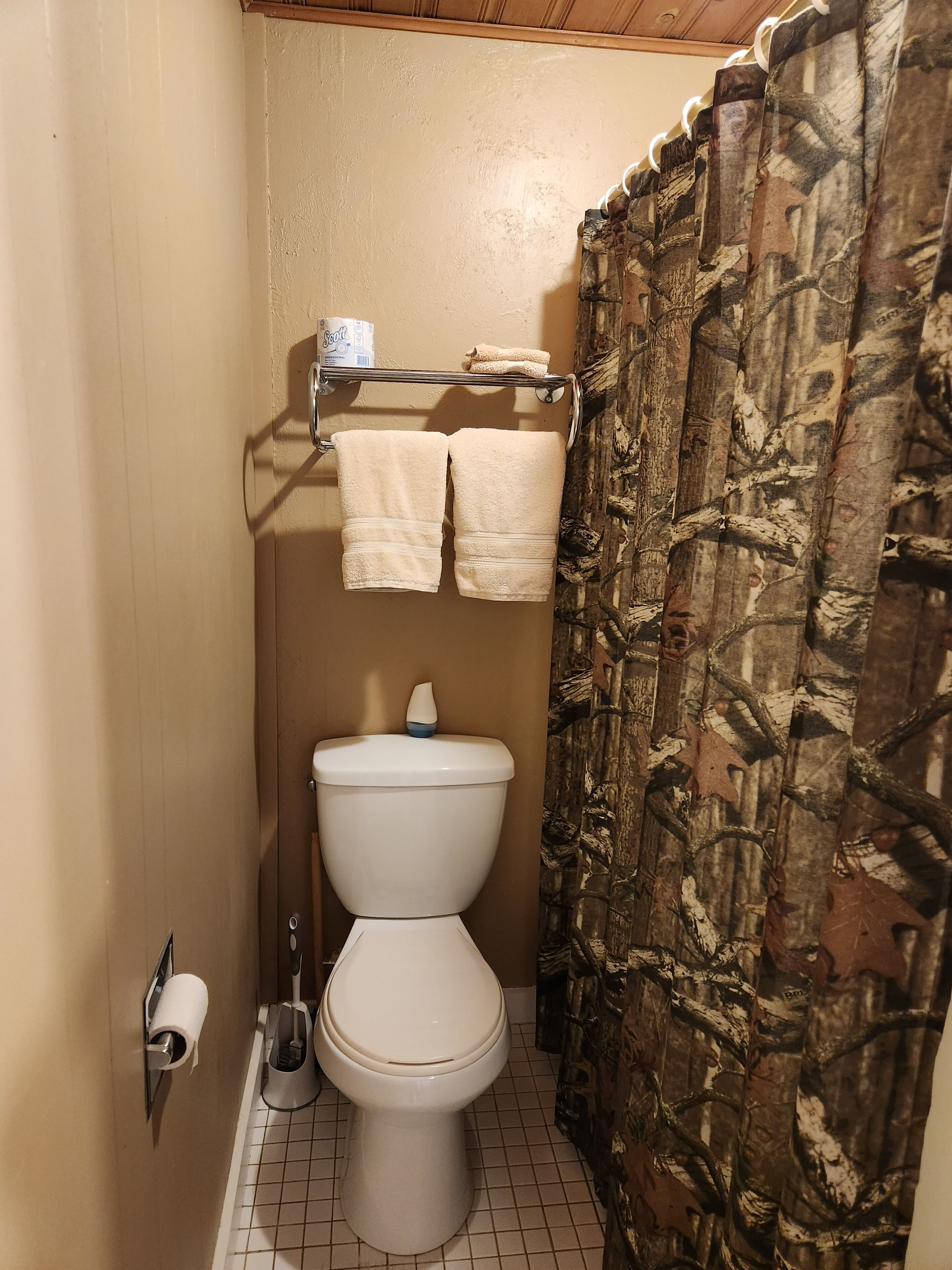 Une salle de bain comprenant des toilettes, un porte-serviettes avec deux serviettes, un support à papier toilette et un rideau de douche orné d’un motif de feuilles.