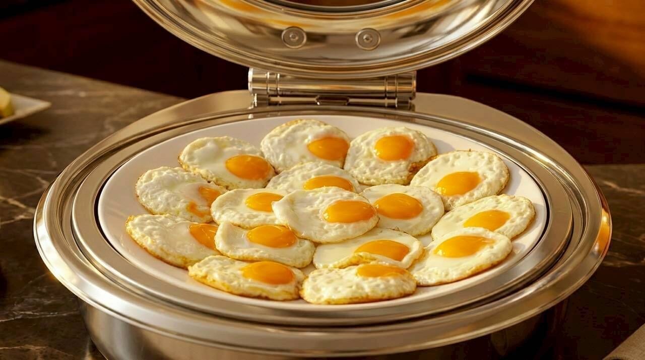 A plate of sunny-side-up eggs on a metal tray.