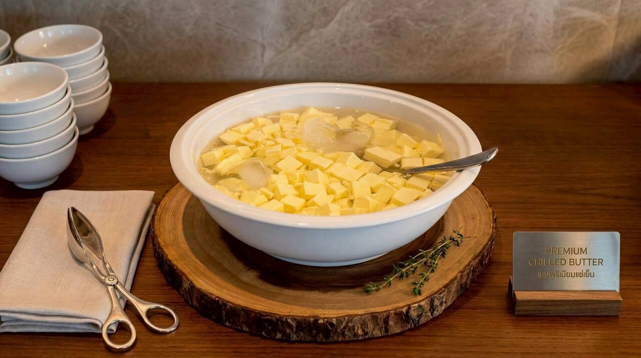 A bowl of chilled butter with tofu cubes and ice cubes, placed on a wooden board with a pair of scissors and a butter block beside it.